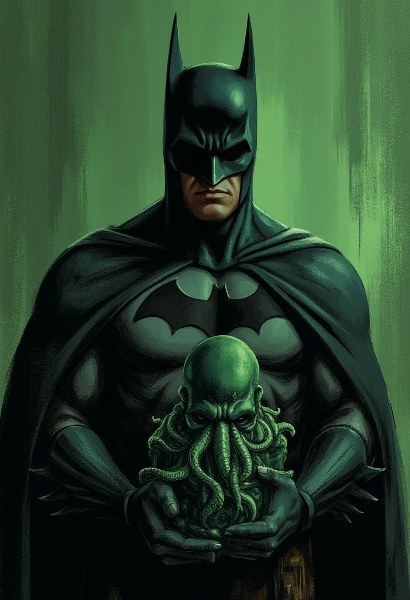 eldritch illustration portrait of Batman holding a small, dark green statue of Cthulhu