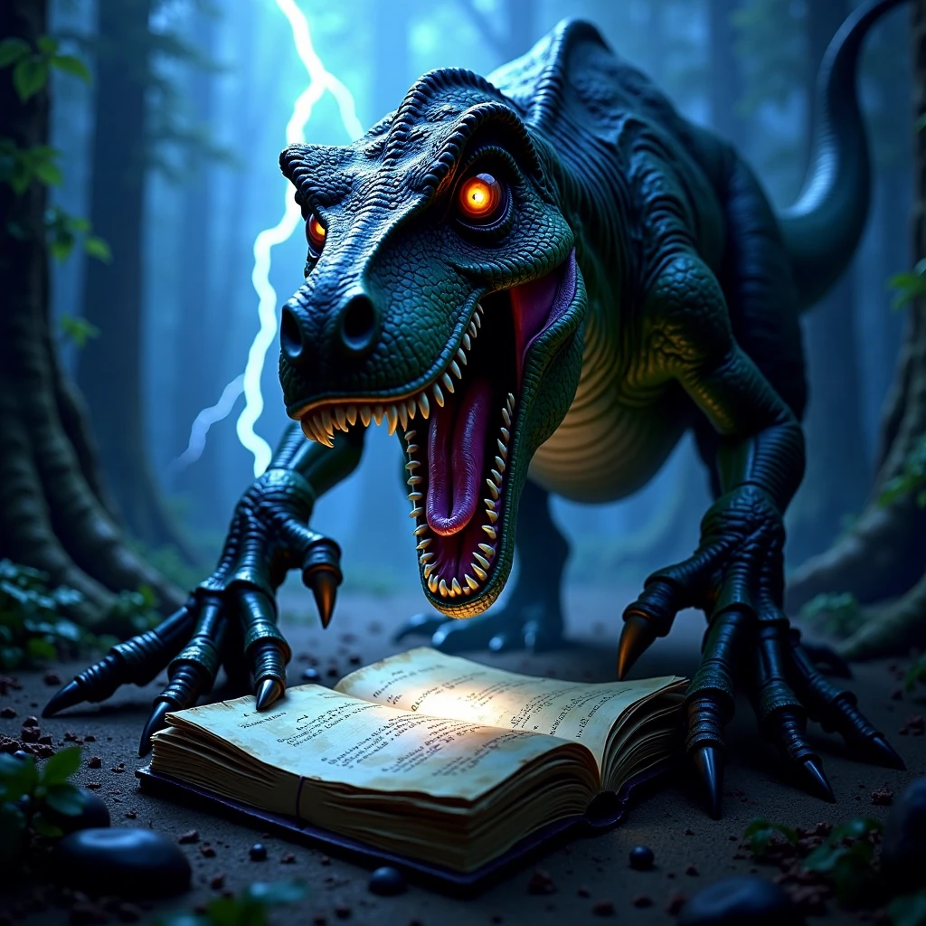 A fearsome t-rex stands over a mystical Dead Note, its scales glistening in a dim, eerie light. The notebook, ancient and dark, lies beneath the t-rex massive claws, emitting a faint supernatural glow that illuminates the creature's intense, menacing gaze. Shadows swirl around the t-rex as it seems drawn to the notebook's sinister power, with lightning illuminating the scene in sharp, haunting flashes of blue and purple. The t-rex eyes gleam with a mysterious hunger, as if sensing the forbidden knowledge contained within the Dead Note. The atmosphere is dark, foreboding, and filled with suspense, blending prehistoric might with supernatural horror.