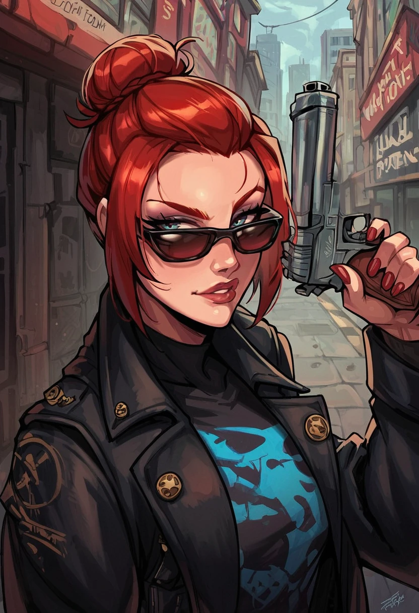 score_9,score_8_up,score_7_up, 1girl, solo, red hair, short hair, one bun,
city streets, (upper body:1.5), handgun, weapon,
<lora:Postal_Dude_Clothings__Character_Postal_2:0.8> sulfs-p2d00d, black shirt, blue print, pants, shoes, sunglasses, coat,
<lora:ReiqLycoXL:0.8>