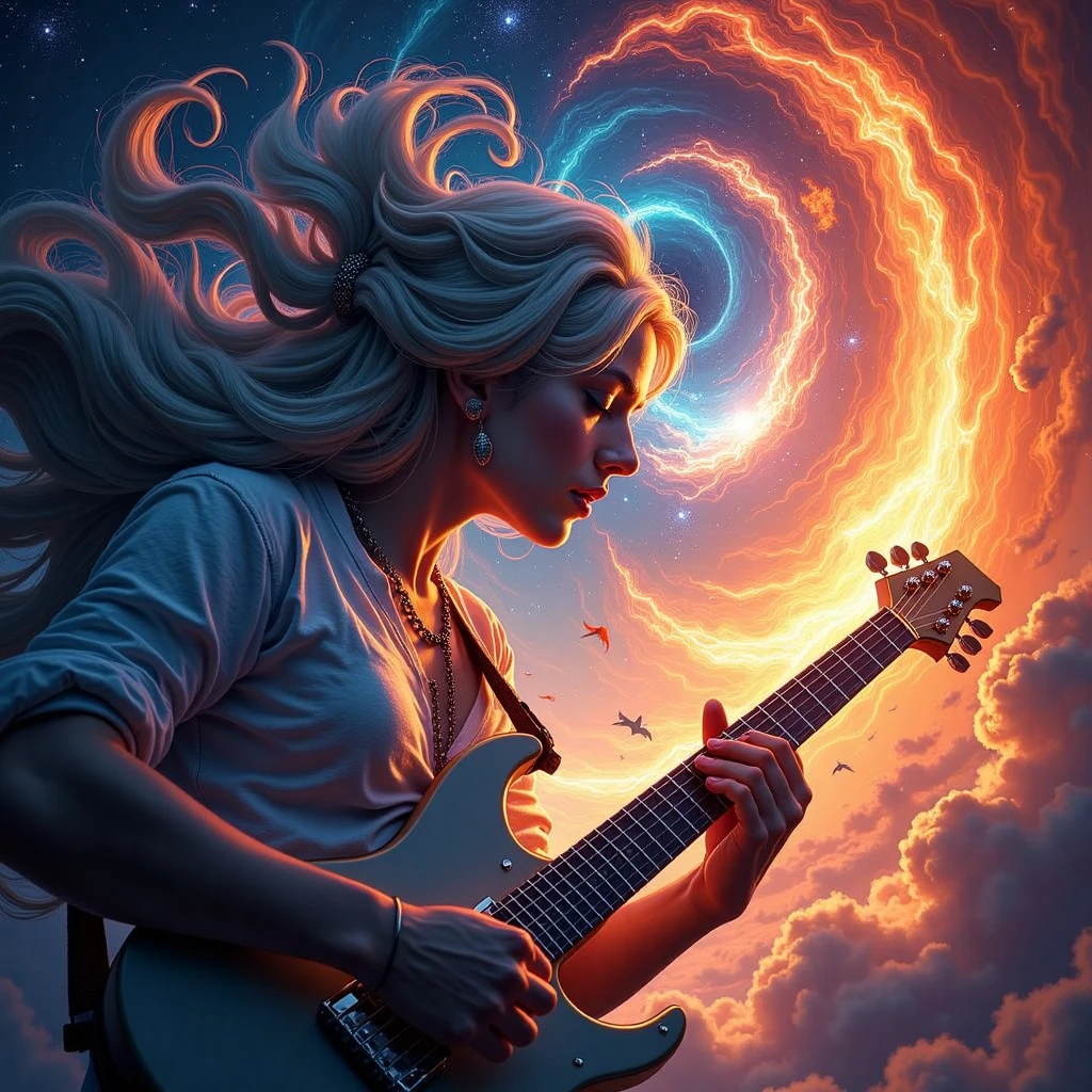 an abstract painting of a seductress,glowing energy,split sky between sunny day and deep space at night, with gome style, close-up shot of a man's hands deftly strumming the strings of his electric guitar, fingers gliding smoothly across the fretboard as he performs an intricate melody. Soft lighting casts a warm glow on his face, highlighting the concentration etched on his features.