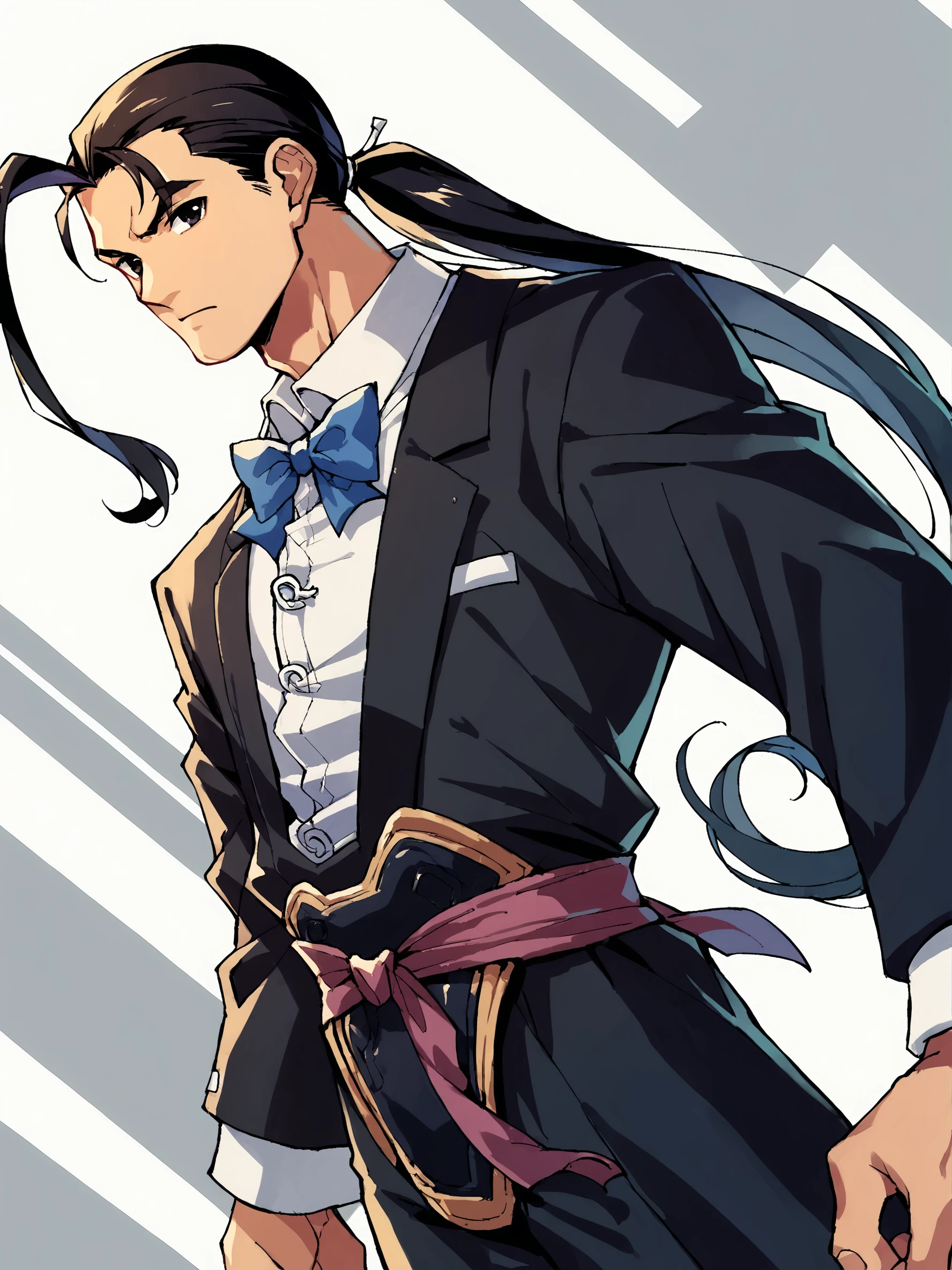 score_9, score_8up, score_7up, score_6up, score_5up, score_4up, dutch angle, dynamic angle, abstract background, source_anime, rating_safe, BREAK
1boy, solo, male, xen_fei, black hair, black eyes, ponytail, black tuxedo, bowtie, BREAK
 <lora:Fei_Fong_Wong_-_Xenogears_-_PDXL:0.9>