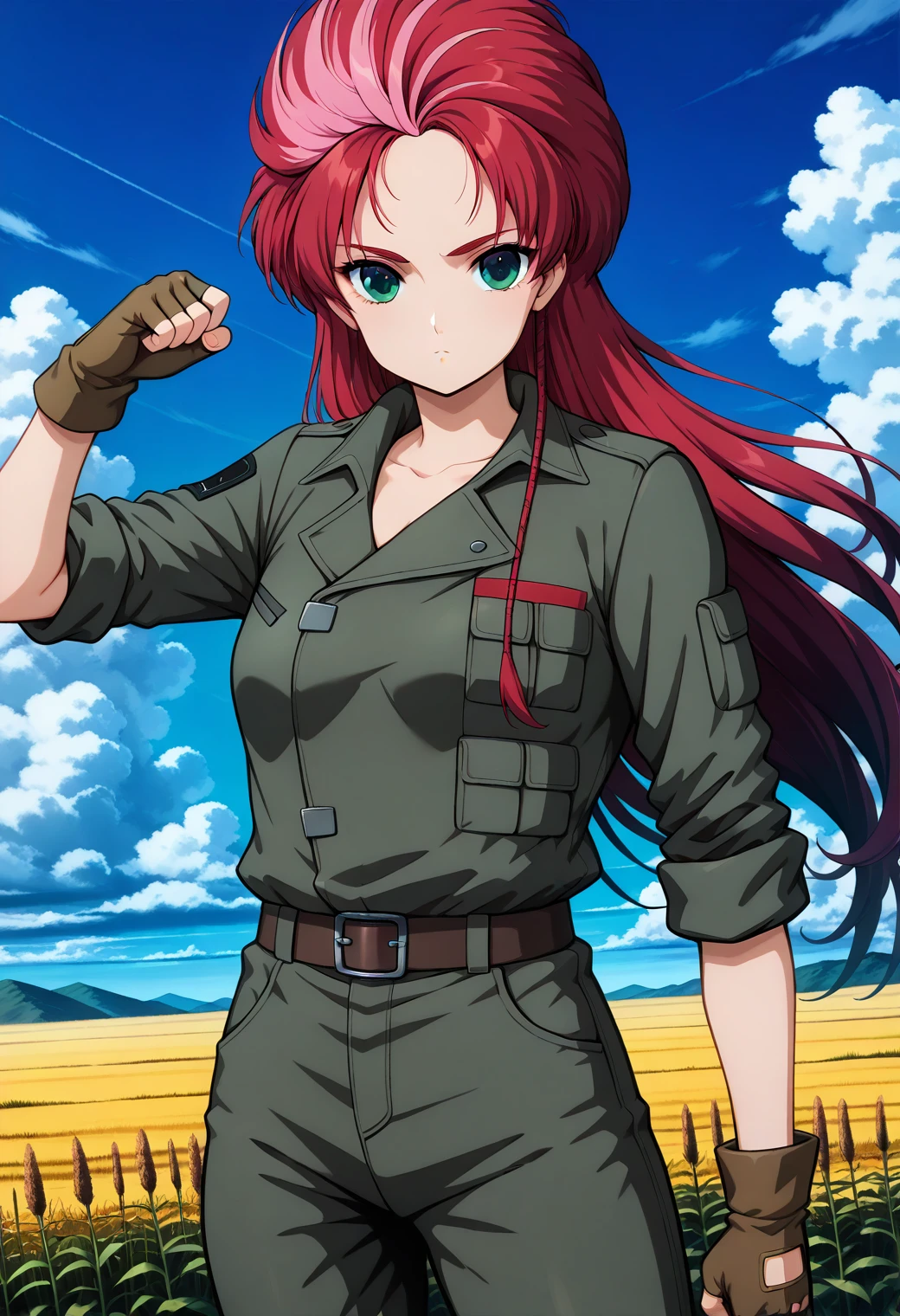 1girl, solo, (field:1.2), (blue sky:1.2), looking at viewer, 
yuuki_sara, green eyes, multicolored hair, red hair, two-tone hair, pink hair, long hair, brown gloves, fingerless gloves, belt, sleeves rolled up, breast pocket, military, military uniform, jumpsuit, jacket,  <lora:yuuki_sara_illustrious_ver1:0.8>
serious, fighting stance,, masterpiece, best quality, general,, (cowboy shot, dynamic pose:1.4),