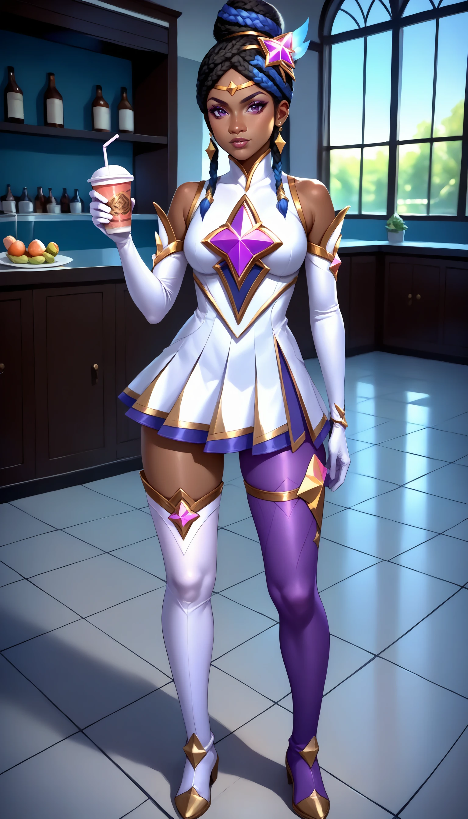 score_9, score_8_up, score_7_up, (masterpiece, best quality), 1girl, solo,
star guardian senna, (asymmetrical legwear, single leg white thighhighs, (single leg purple pantyhose:1.2):1.3), gloves, elbow gloves, hair bun, looking at viewer, black hair, hair ornament, gloves, dress, jewelry, standing, purple eyes, detached sleeves, alternate costume, dark skin, hair bun, dark-skinned female, single hair bun, (full body:1.5), boots, thigh boots,
indoors, drinking tea,