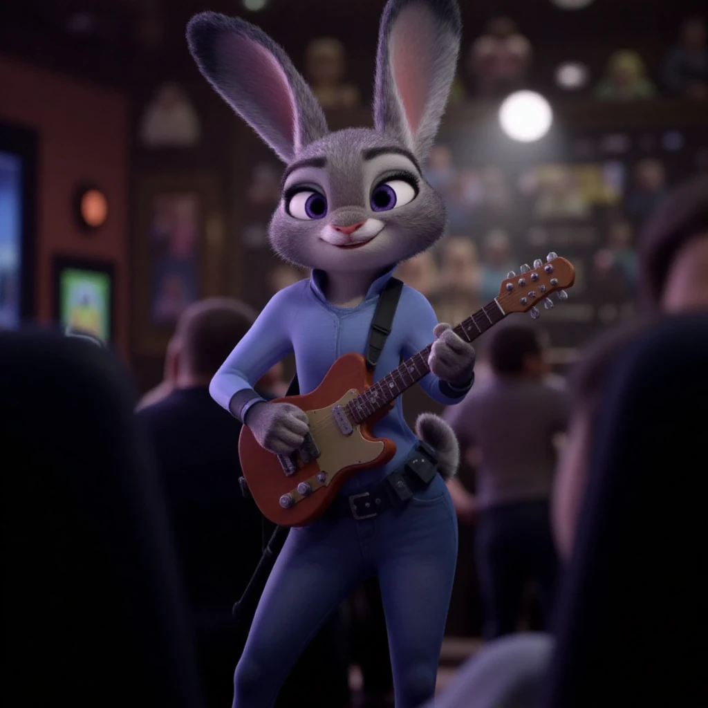 A photo of ohwx as Judy Hopps from Disney Zootopia playing guitar on a stage in a dimly lit pub with a spotlight on her