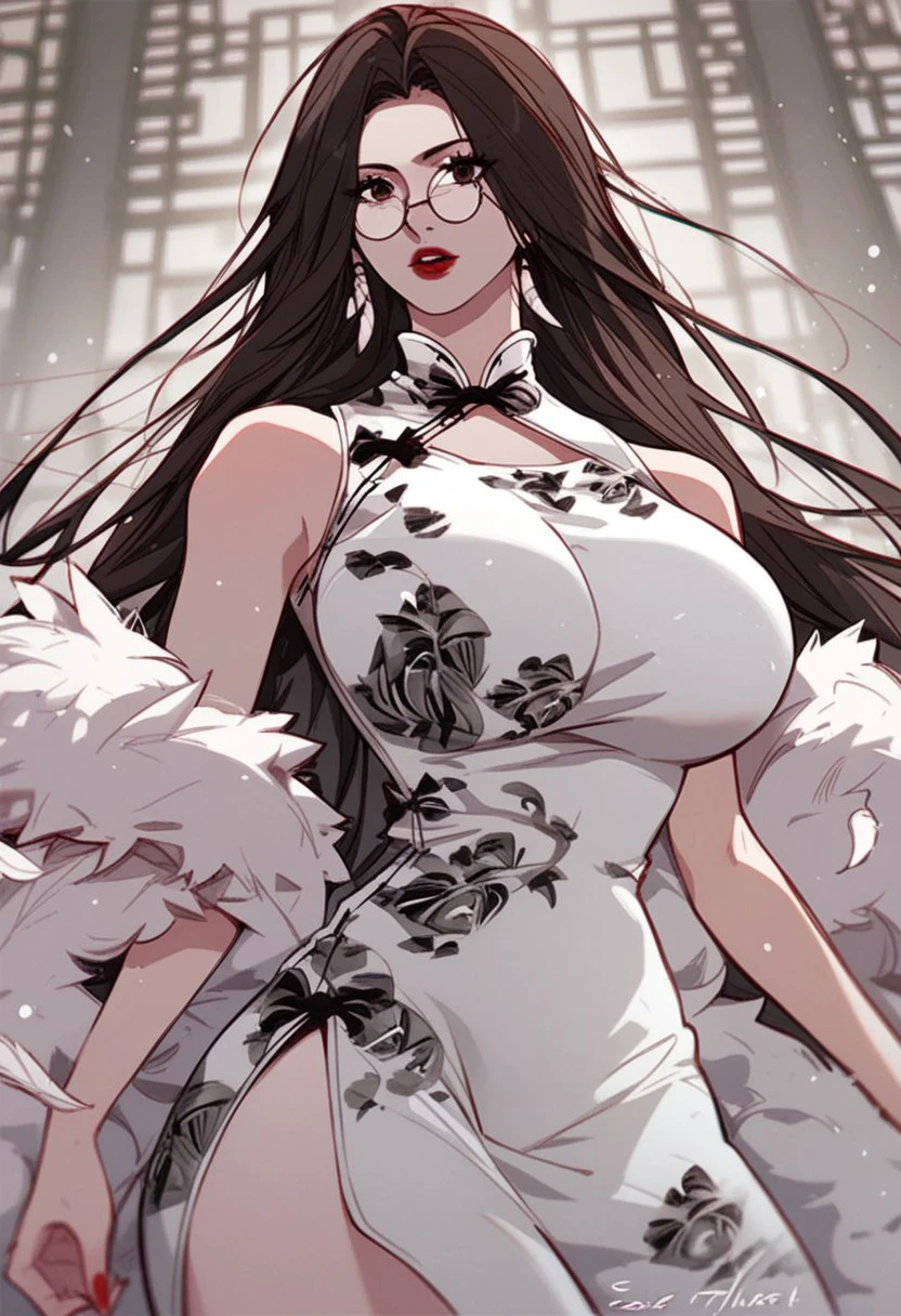 score_9, score_8_up, score_7_up, BREAK, LiRuobing, long hair, black hair, brown eyes, glasses, large breasts, makeup, red lips, red nails, FormalDress, white dress, china dress, sleeveless dress, long dress, side slit, feather boa, 1girl, solo,