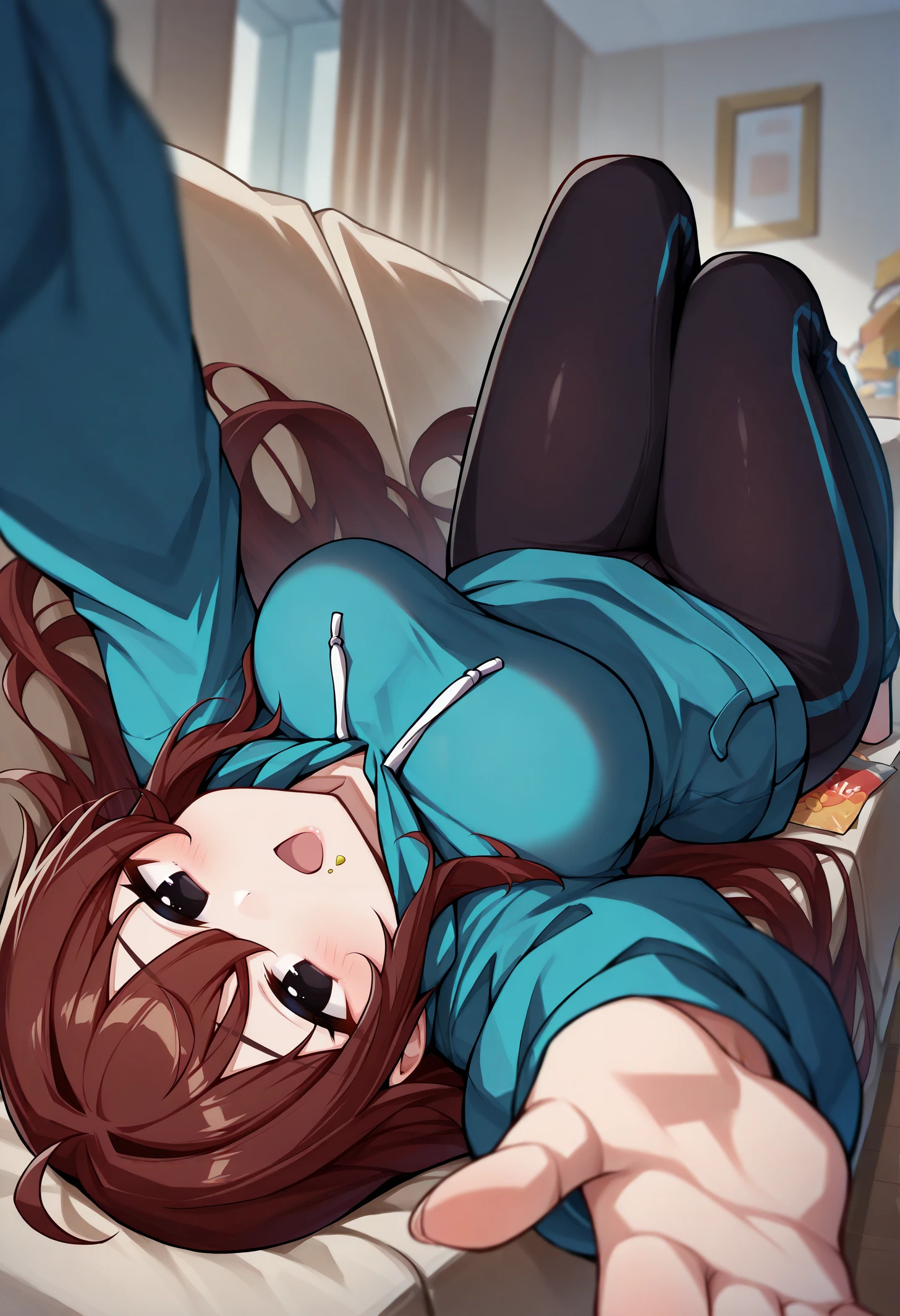 masterpiece, best quality, 1girl, gfrnd, black eyes, brown hair, ahoge, long hair, hair between eyes, <lora:Girlfriend_illusXL_Incrs_v1.1-000008:1>, lying, on back, on couch, large breasts, pants, leggings, reaching out, floating hair, indoors, chips \(food\), crumbs, open mouth, blush, oversized hoodie, slouching, foreshortening, tin can, upside-down,