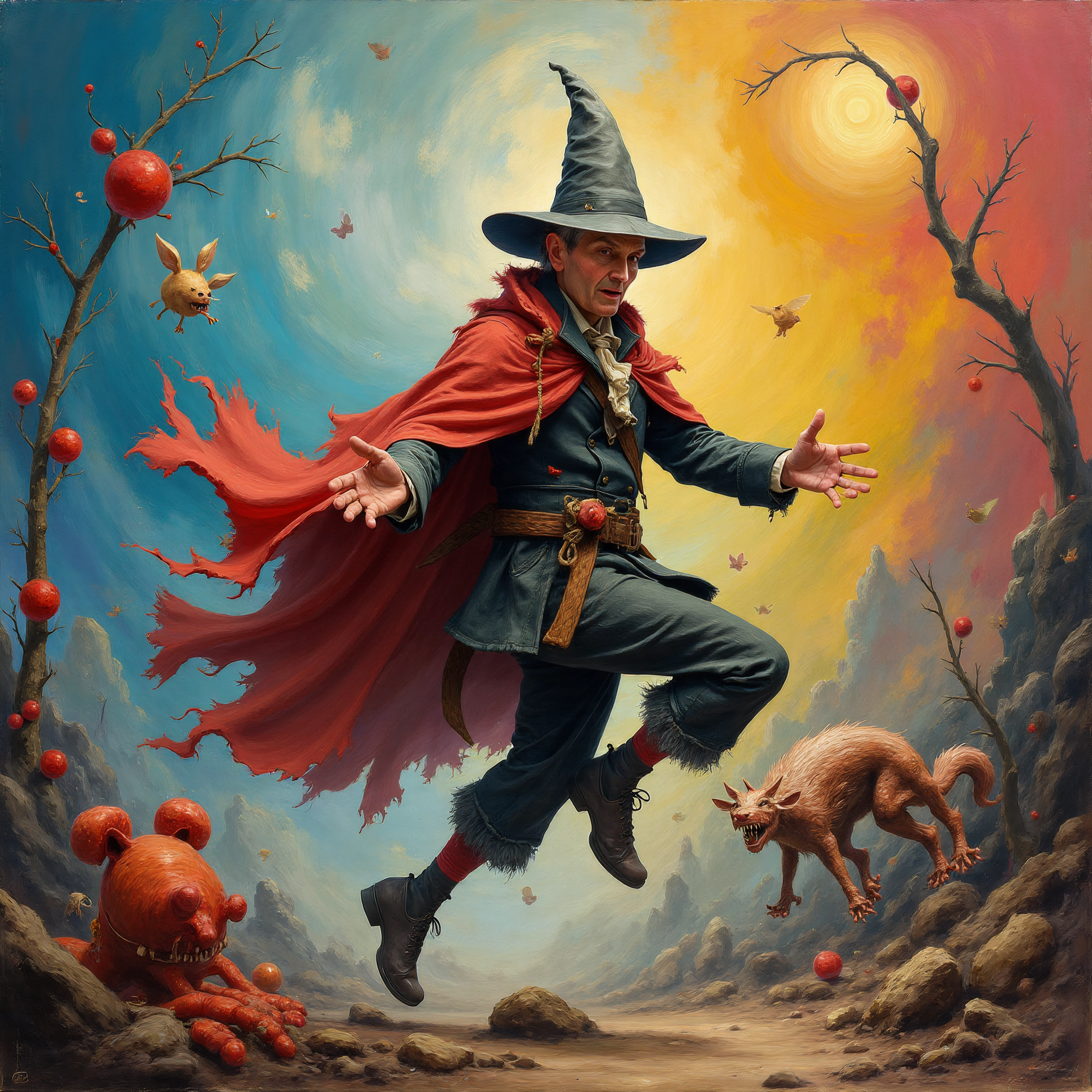 A dynamic, action-filled painting depicting Rolf Mützenich, dressed in a tattered cloak and a pointed hat, resembling Rumpelstiltskin, jumping and spinning against a chaotic, vibrant background. His movements should be energetic and exaggerated, capturing his playful and mischievous nature. The background could consist of swirling colors, fantastical creatures, and whimsical details, creating a chaotic and visually exciting scene. The style should be reminiscent of a combination of German Expressionism and Psychedelic Art, with bold lines, vibrant color palettes, and dynamic composition.