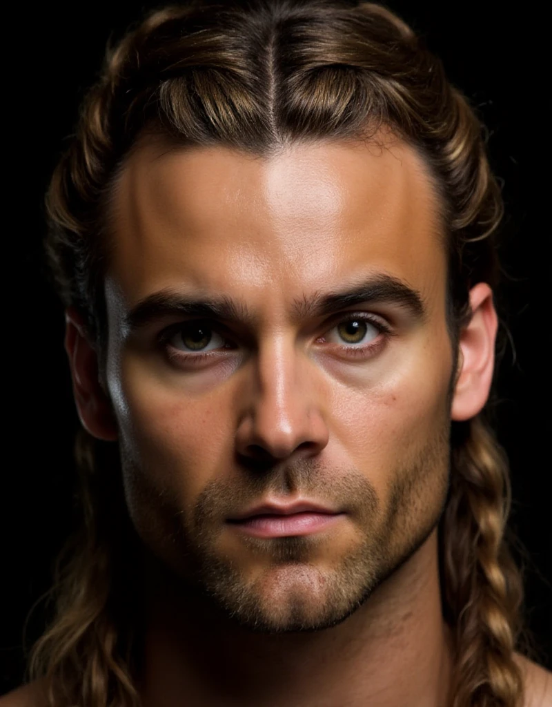 <lora:Gannicus:0.9> gannicus, facial hair, braided hair, realistic. Closeup face portrait. Professional photography