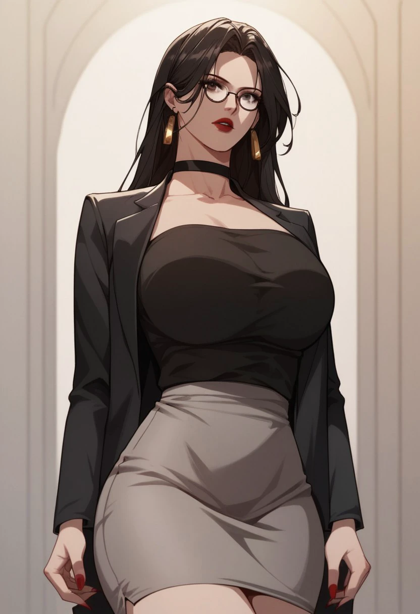 score_9, score_8_up, score_7_up, BREAK, LiRuobing, long hair, black hair, brown eyes, glasses, large breasts, makeup, red lips, red nails, CasualDress, earrings, black choker, black shirt, black jacket, long sleeves, grey skirt, pencil skirt, 1girl, solo,