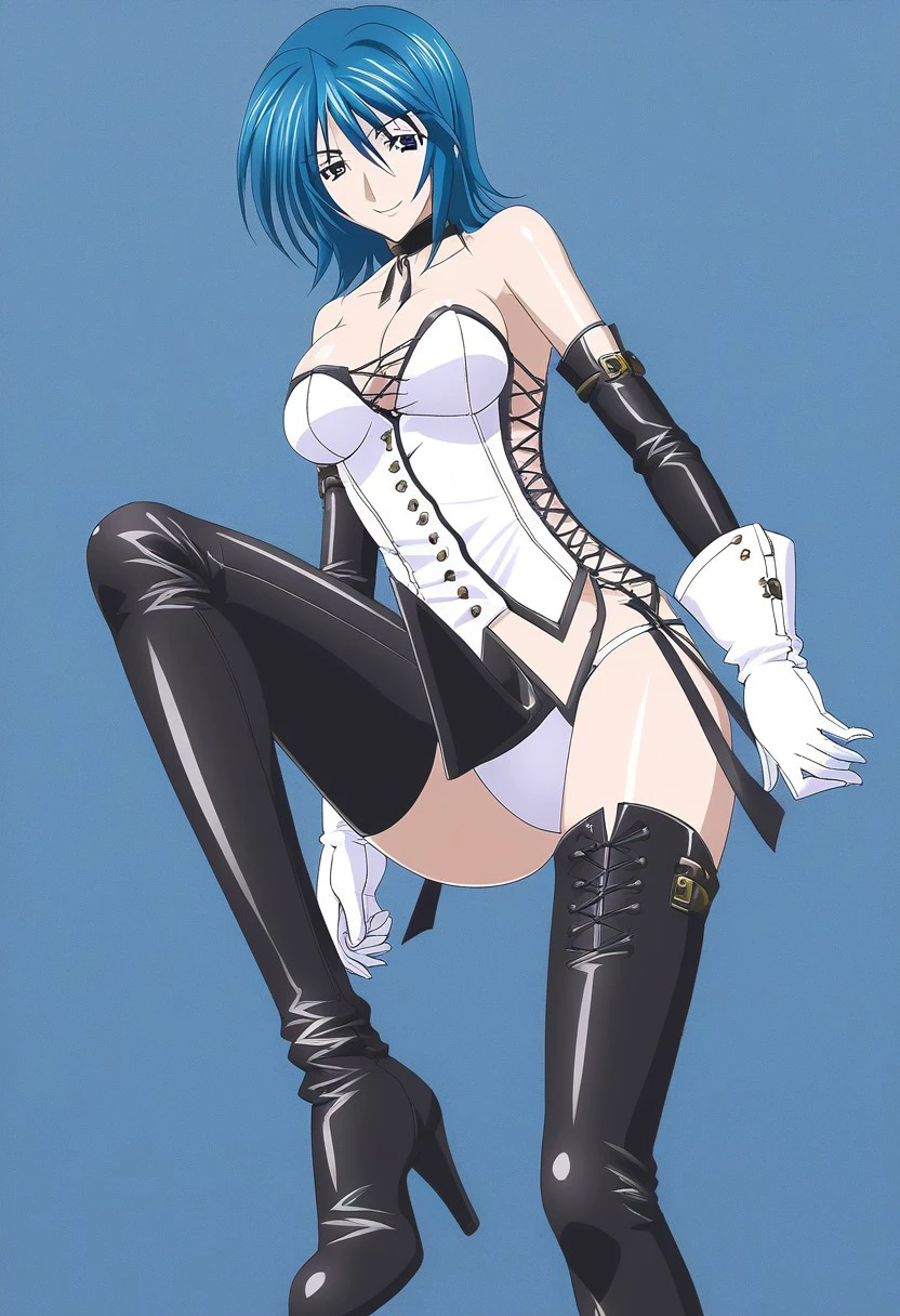 tsub4s4yur4 ,Tsubasa Yura ,
1girl, solo, breasts, smile, short hair, blue eyes, large breasts, simple background, thighhighs, gloves, cleavage, bare shoulders, medium breasts, underwear, blue hair, panties, boots, choker, elbow gloves, black thighhighs, white gloves, high heels, thigh boots