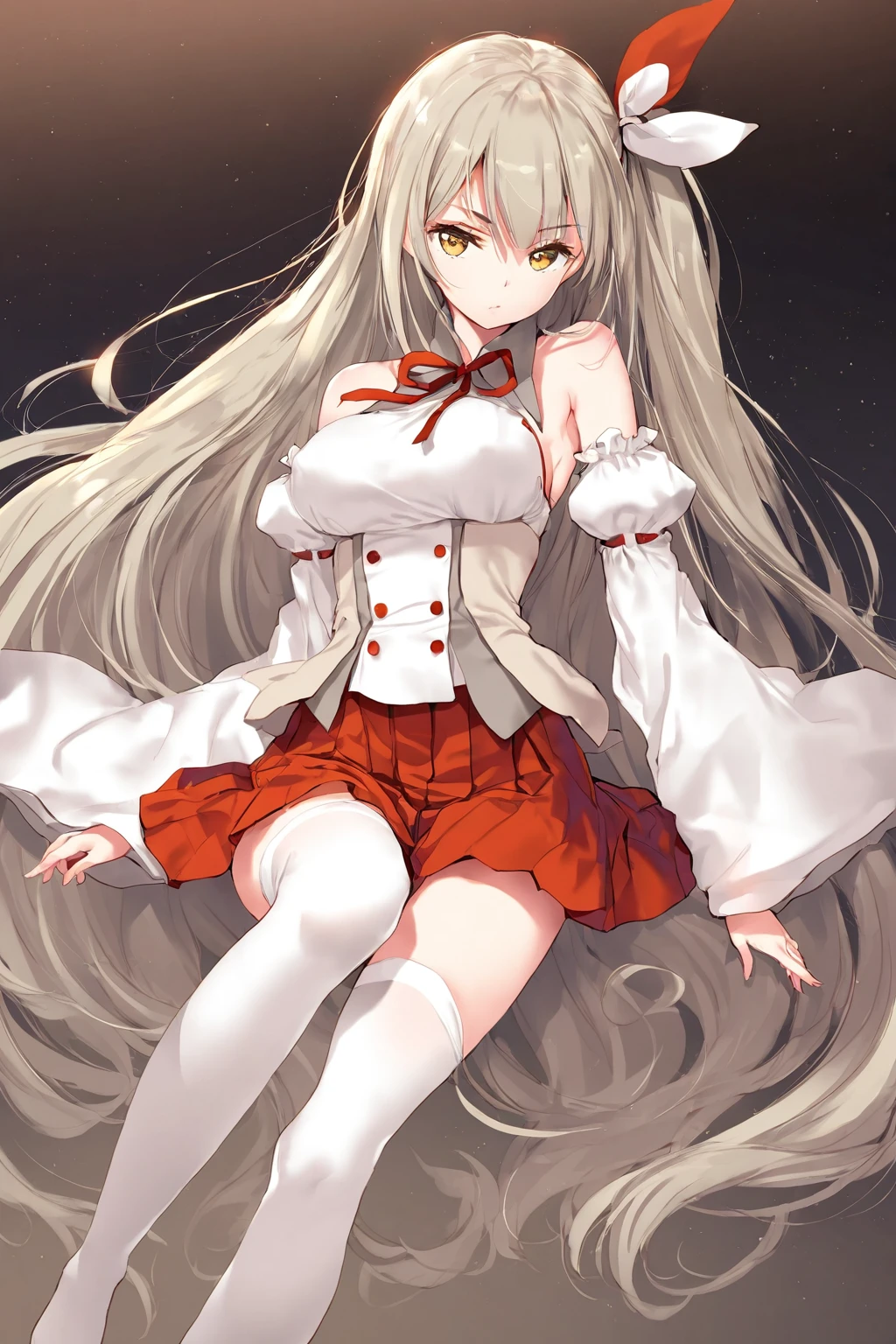 1girl, solo,detached sleeves, bare shoulders, white thighhighs, red pleated skirt, wide sleeves, neck ribbon, hair bow, puffy sleeves, yellow eyes, aki rinco, default, (large breasts:0.8),(double-breasted:0.8),

very aesthetic, (masterpiece, best quality:1.2), very aesthetic, highres, absurdres, sensitive, 

(necomi:0.75),(yd \(orange maru\):0.75),(kedama milk:0.4), (toosaka asagi:0.4),(ke-ta:0.4), (40hara:0.4), (wlop:0.4), highres, detailed, nsfw,