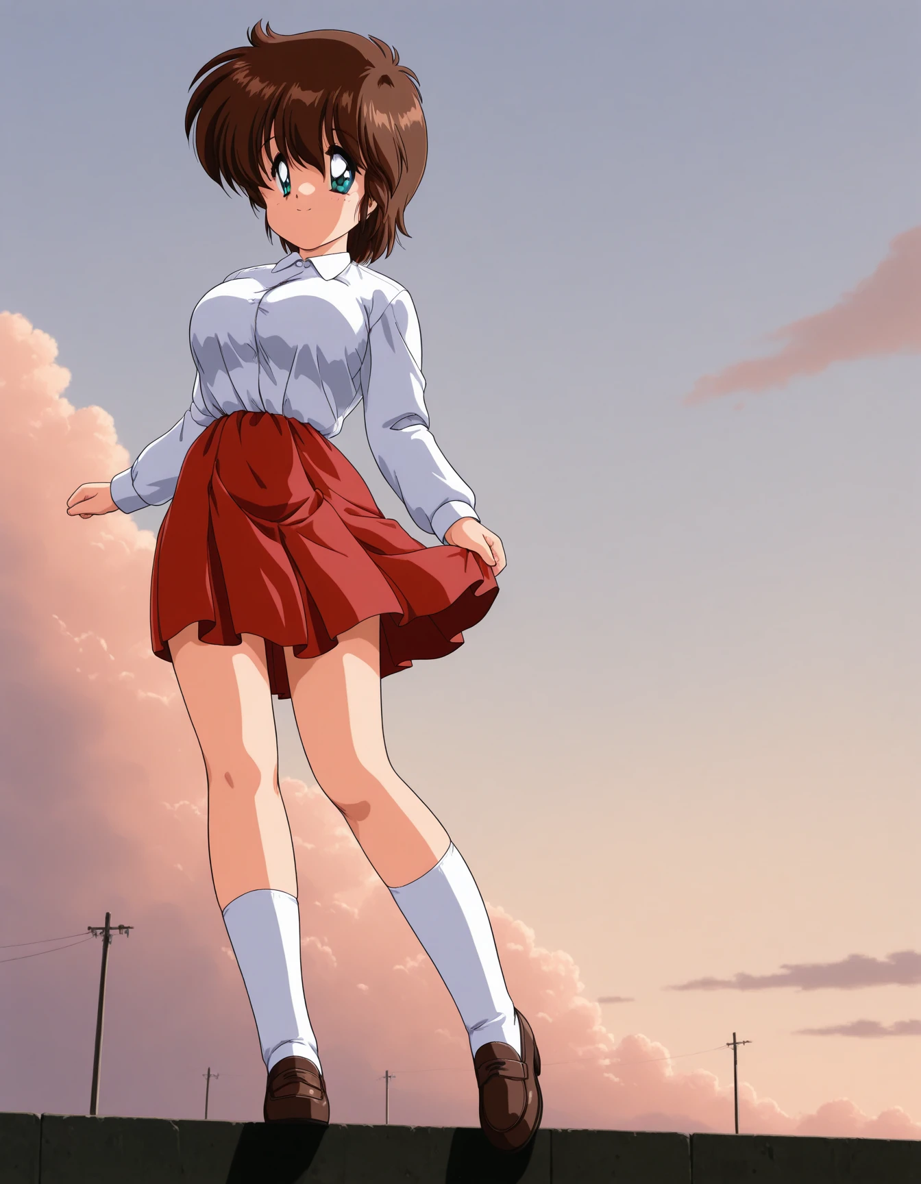 1girl, solo, 
<lora:Wakaba_Mina_Gomenne_Mina-chan_Illustrious_v2:1.0>, wakaba_mina_v2, large breasts, aqua eyes, blue eyes, brown hair, short hair, bangs, hair between eyes, sidelocks, white shirt, long sleeves, pleated skirt, red skirt, white legwear, loafers, 
smile, happy,  
outdoors, perspective, afternoon, , cloud, , double exposure, 
best quality, ultra-detailed, masterpiece, finely detail, highres, amazing quality, very aesthetic, absurdres, general, recent, newest,