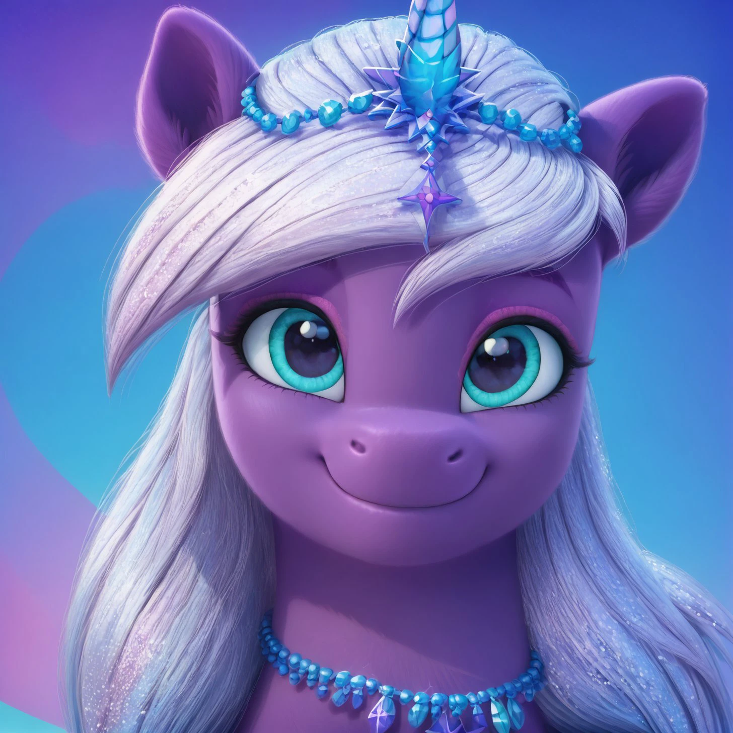 score_9, score_8_up, score_7_up, score_6_up, score_5_up,with beautiful, detailed, (detailed cute pony face), detailed eyes, detailed fur, beautiful, vector, flat colors, (abstract background: 1.8), (looking at you, looking at viewer: 1.5), cute smile, happy, ((close-up)),    <lora:Violet frost:1>Violet frost
<lora:Wholesome_MLP-v1.2:1>  <lora:3D_Animation_Diffusion_Pony_style:1>