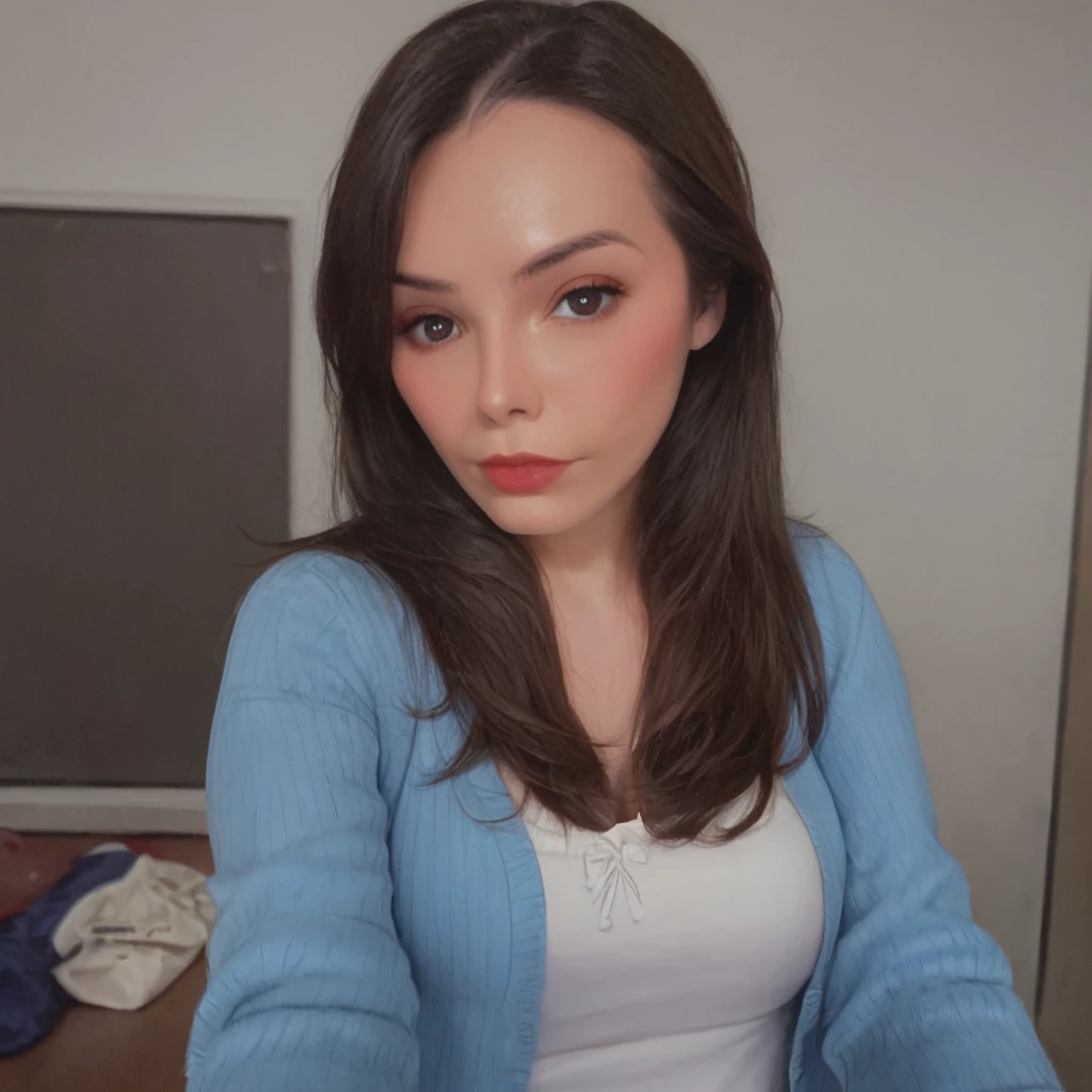 masterpiece, best quality, depth of field,   <lora:Ricki_Ortiz_v2:1>, r1ck10rt1z, blue sweater, 1girl, solo, breasts, long hair, looking at viewer, black hair, brown hair, brown eyes, shirt, upper body, medium breasts, lips, white shirt, sweater, open clothes, realistic