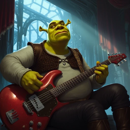 Digital ilustration in style of LORStyleFluxV1 of Shrek playing on a eletrctic guitar