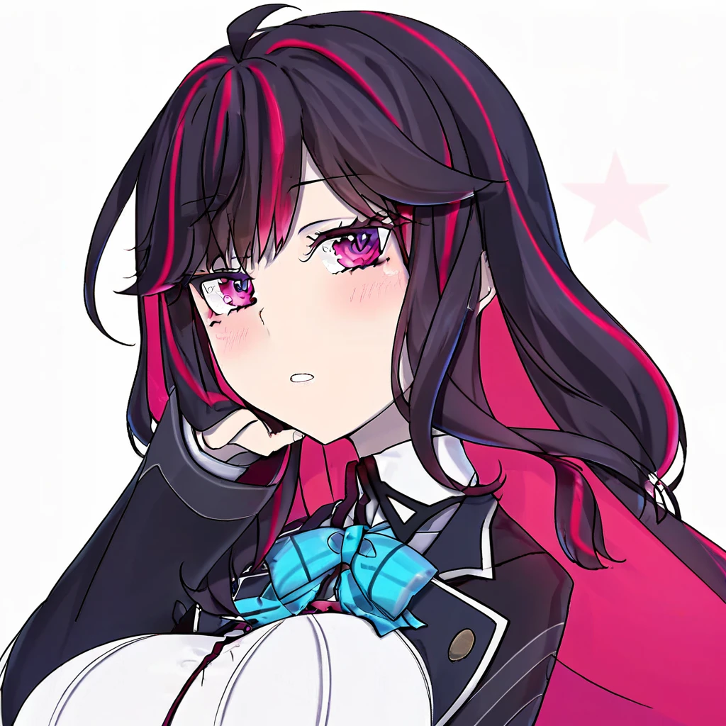 z3kk4m1y4m0t0 ,Zekka Miyamoto ,Zekka Miyamoto (high school dxd), 1girl, solo, long hair, breasts, looking at viewer, blush, bangs, large breasts, simple background, shirt, black hair, long sleeves, white background, bow, purple eyes, jacket, white shirt, upper body, pink hair, red hair, multicolored hair, parted lips, collared shirt, virtual youtuber, bowtie, pink eyes, star (symbol), two-tone hair, streaked hair, black jacket, blue bow, portrait, hand in own hair, colored inner hair, blue bowtie