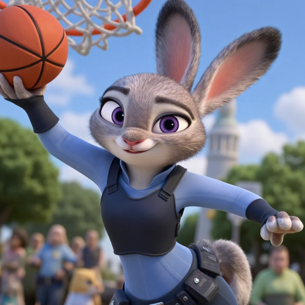 A photo of ohwx as Judy Hopps from Disney Zootopia slam dunking a basketball