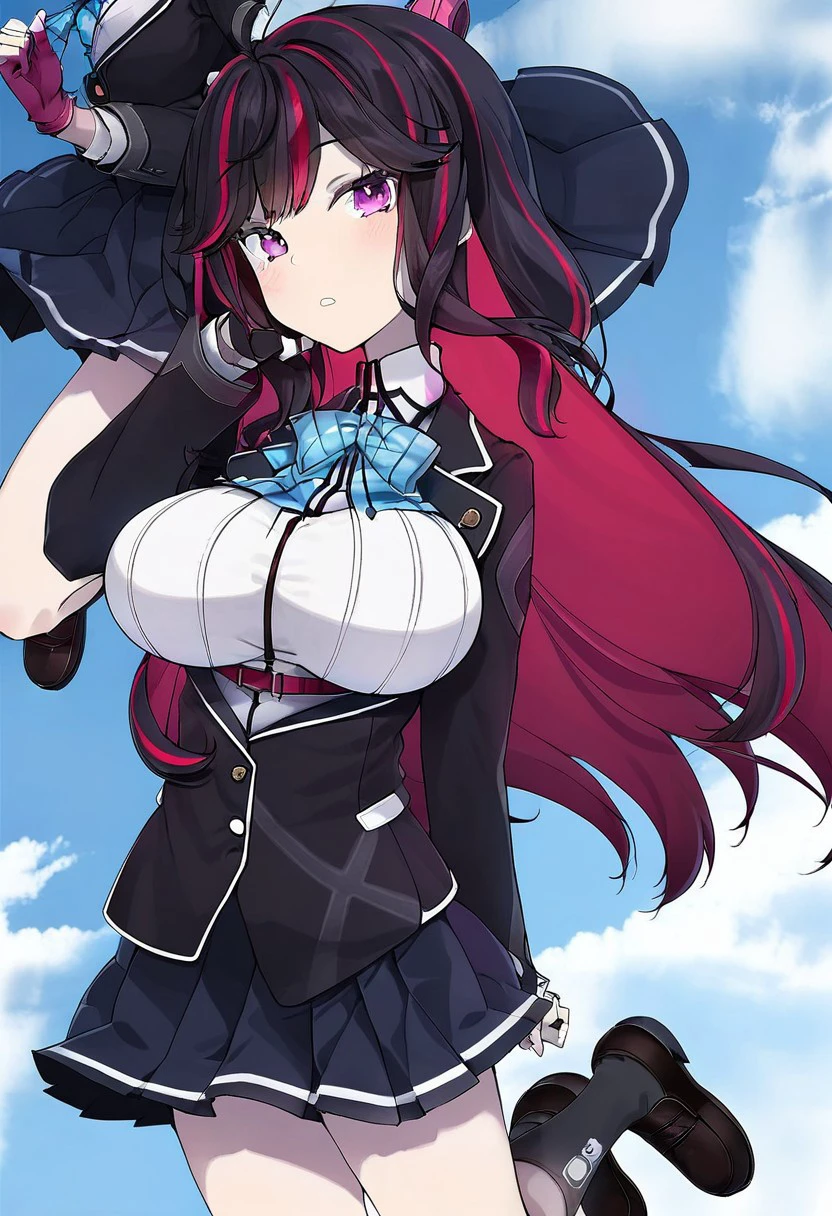 z3kk4m1y4m0t0 ,Zekka Miyamoto ,
1girl, solo, long hair, breasts, looking at viewer, blush, bangs, multiple girls, skirt, large breasts, shirt, black hair, gloves, long sleeves, hat, bow, very long hair, school uniform, purple eyes, jacket, full body, white shirt, pink hair, red hair, multicolored hair, pleated skirt, parted lips, sky, shoes, day, socks, cloud, virtual youtuber, fingerless gloves, bowtie, pink eyes, black footwear, two-tone hair, blue sky, streaked hair, black jacket, kneehighs, blue bow, blazer, loafers, colored inner hair, blue bowtie