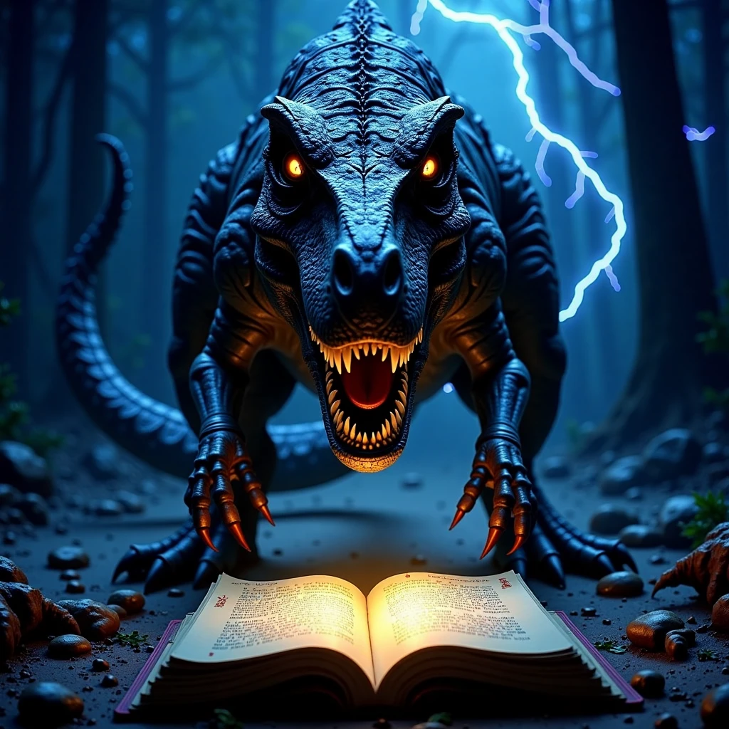 A fearsome t-rex stands over a mystical Dead Note, its scales glistening in a dim, eerie light. The notebook, ancient and dark, lies beneath the t-rex massive claws, emitting a faint supernatural glow that illuminates the creature's intense, menacing gaze. Shadows swirl around the t-rex as it seems drawn to the notebook's sinister power, with lightning illuminating the scene in sharp, haunting flashes of blue and purple. The t-rex eyes gleam with a mysterious hunger, as if sensing the forbidden knowledge contained within the Dead Note. The atmosphere is dark, foreboding, and filled with suspense, blending prehistoric might with supernatural horror.