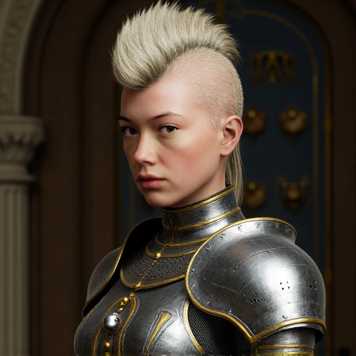 A young female knight hyper realistic and highly  detailed with a mohawk hair and the sides of his hairstyle is short and neat, blonde hair, highly dramatic lighting, the armor is shiny and metallic with golden ornaments, she is looking with a fearless face at the viewer. The background is castle door with ornaments.