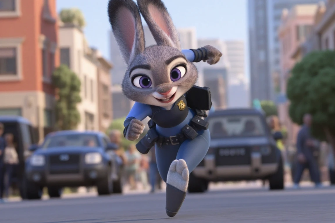 Judy Hopps from Zootopia, ohwx chasing a mischievous thief through the bustling streets of Tundratown, her determined expression showing her dedication to catching the criminal, ohwx.