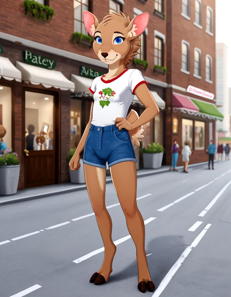 outdoors,detailed background,city,
Katy,1girl,solo,deer,animal ears,tail,furry female,animal nose,snout,short hair,blue eyes,body fur,brown fur,animal ear fluff,two-tone fur,brown hair,white fur,
full body,smile,long eyelashes,
casual,standing,the pose,
<lora:Katy_v01_PDXL:1>,