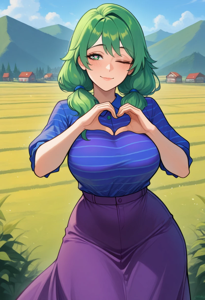 masterpiece, best quality, 1girl, solo, 1girl, solo, <lora:NSCarolineStardew:1> NSCarolineStardewIllu, Green hair, twintails, green eyes, blue shirt, stripes, long skirt, purple skirt, mature female, heart hands, one eye closed, heart-shaped pupils, outdoors, farm