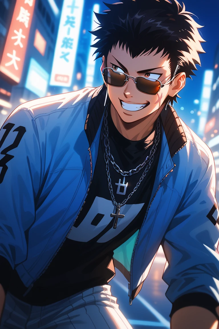 score_9, score_8_up, score_7_up, source_anime, rating_questionable, dark environoment, dark, neon lighting, glowing, hiphop theme, male focus, leaning forward, looking away, RaichiDA, brown_RaichiDA_scar on cheek, black_RaichiDA_hair, grin, teeth, red sunglasses, hiphop clothes, jacket, assymetrical print on clothes, chain necklace, pants, 1boy, blurry outdoors city street, cityscape, scenery, from below, dutch angle, intricately detailed illustration, atmospheric perspective, depth of field