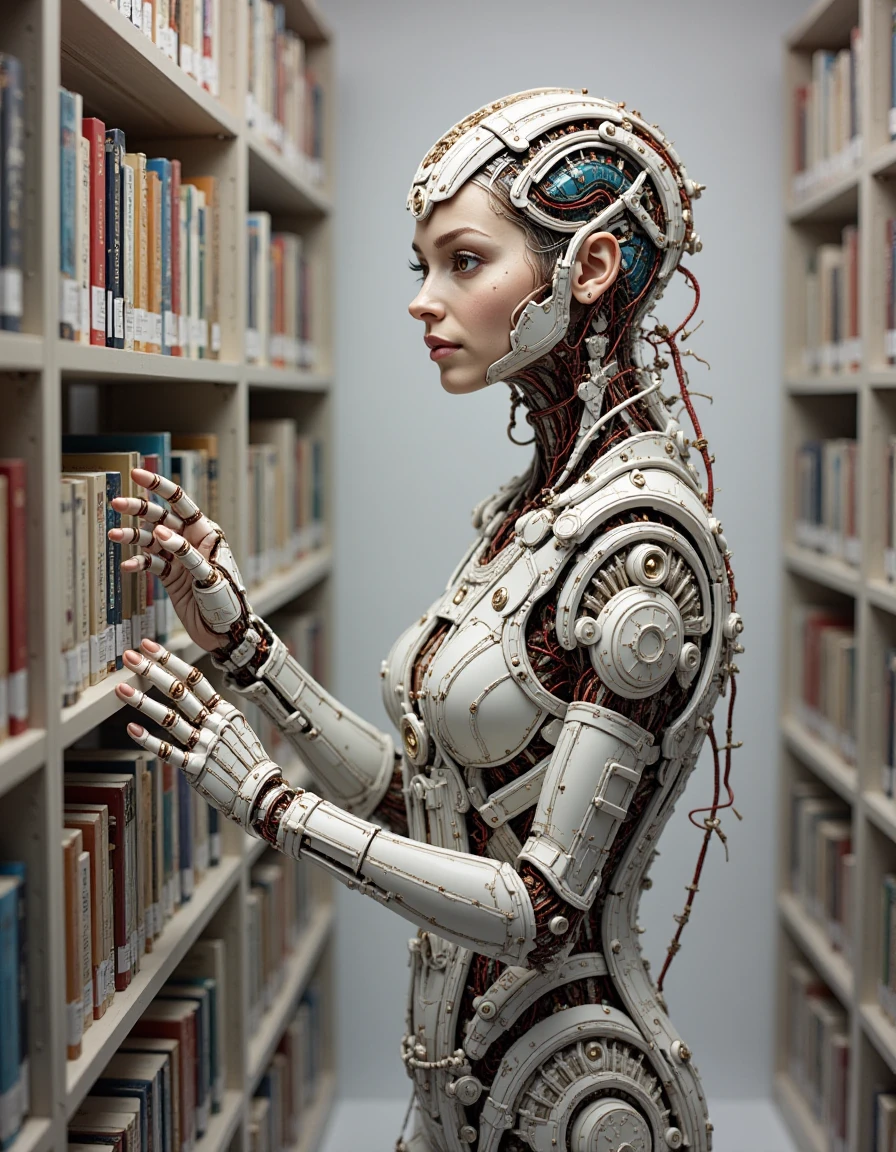 A dibmchncl librarian cyborg organizing books on shelves. The body has flexible limbs with reinforced joints, delicate wiring along the arms, and LED-enhanced fingers for scanning books. The eyes emit a warm glow, and the library lighting adds a calm atmosphere, emphasizing her gentle design. <lora:biomech_v20_rank32_bf16-step00252:1>, dibmchncl