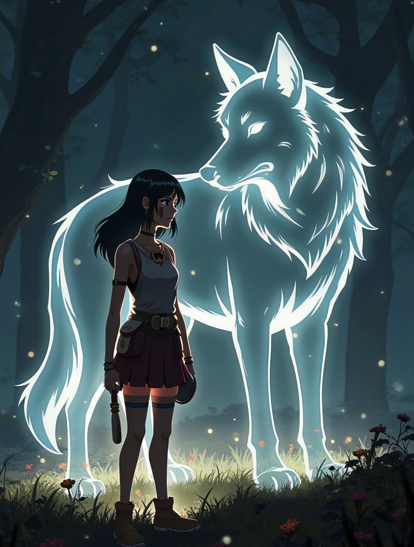 glowing spectral outline with tangible accessories，a beautiful girl, ylgzsan, and her friend the huge wolf