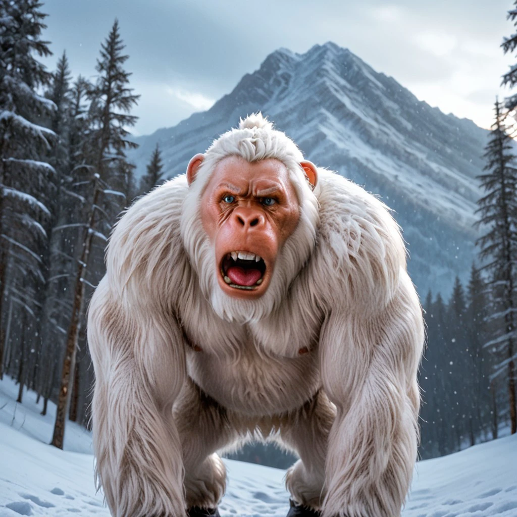 white fur, yeti, abominable snowman, big teeth, primate-like face, snowing, winter background, mountain, sunset, full body shot, shadows, details, fur details, trees, overcast, cave, standing, front facing, looking at viewer