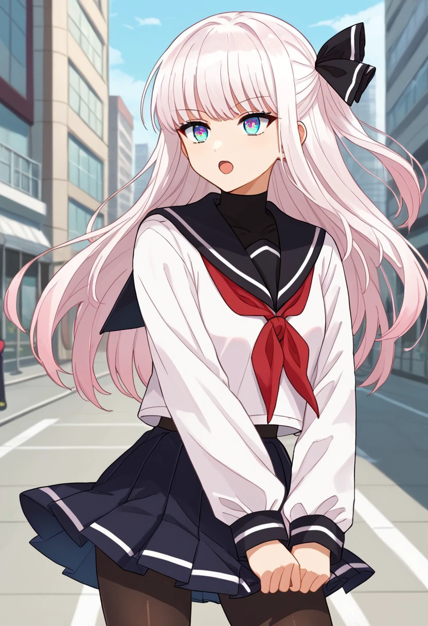 <lora:Saotome_Annin:0.8>, score_9, score_8_up, score_7_up, source_anime, BREAK, multicolored eyes, aqua and light pink colored eyes, white hair, long hair, black hair ribbon, sidetail, Saotome_Annin, white long sleeves sailor uniform, black pleated skirt, sailor collar, red neckerchief, open mouth, standing in city, pantyhose, cowboy shot,