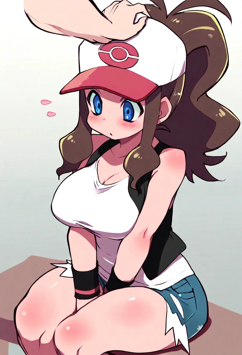 Pokémon Hilda, big tits, dolphin shaped mini shorts, thick thighs, soggy, bale of clothes, Whole body.