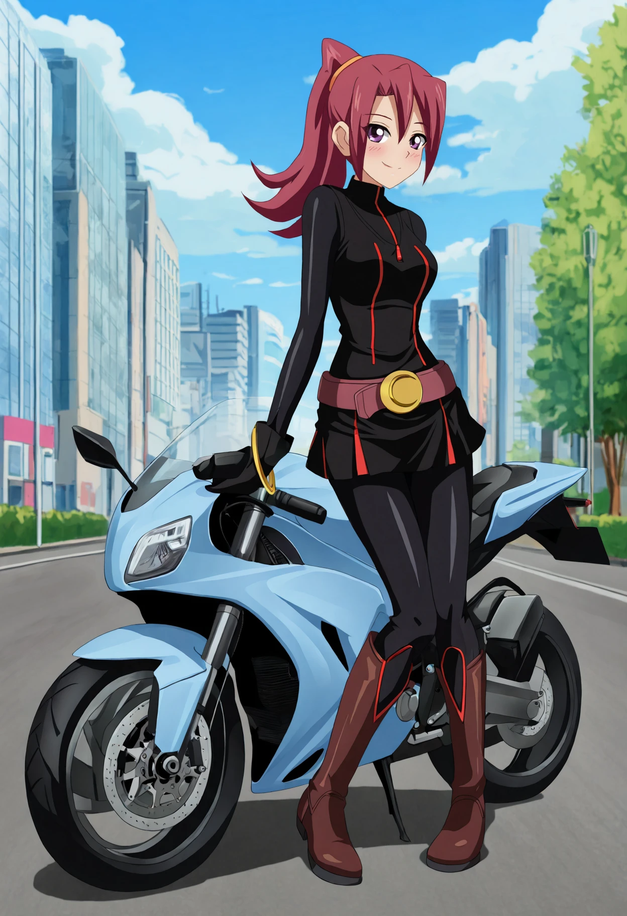 masterpiece, best quality, very aesthetic, absurdres, full body, solo, 1girl, <lora:Akari Tsukumo (Yu-Gi-Oh! ZEXAL):1>, akari tsukumo, ponytail, at2, black bikesuit, red trim, zipper, zipper pull tab, brown belt, yellow belt buckle, yellow bracelet, brown boots, knee boots, standing, against vehicle, motorcycle, motor vehicle, looking at viewer, seductive smile, blush, smile, city, buildings, road, lampposts, blue sky, clouds, outdoors, <lora:CleanAnime - [Enchanter] - illustriousXL v1:1>