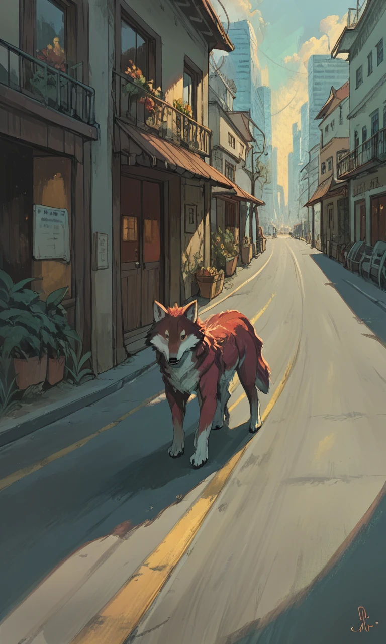 score_9, score_8_up, score_7_up, no humans, road, city, btrAnimal,  red wolf, <lora:BetterAnimals:1>