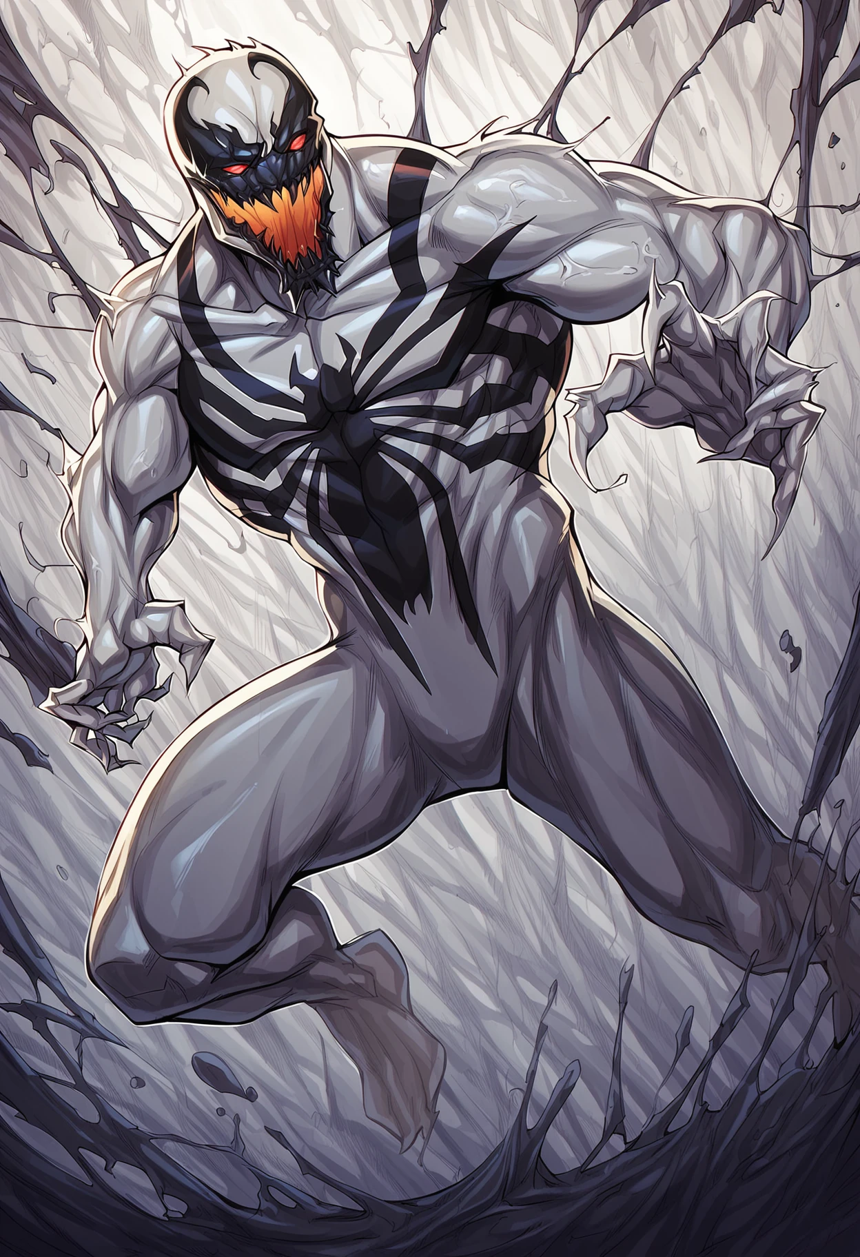 zPDXL3, score_9, score_8_up, score_7_up, (detailed face, detailed body, detailed background, perfect anatomy, masterpiece, high quality, best quality) BREAK anti-venom, symbiote, red eyes, glowing eyes, sharp teeth, monster, muscular, action pose, slime, hand, 5 fingers  <lora:detailed_notrigger:1> <lora:Anti-Venom_Marvel_V1:1>