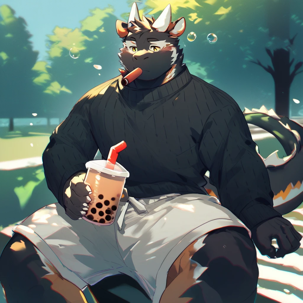 score_9_up, score_8_up, score_7_up, source_furry, mikus-style, black dragon, black body, white horns, yellow eyes, park, holding, bubble tea, black sweater, gray shorts, 1boy, solo