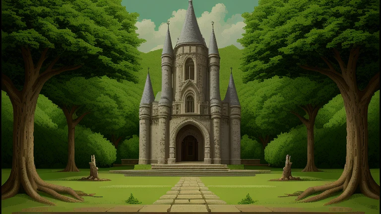 masterpiece, best quality, pixel art, low contrast, Castle, Green grass, trees, dragon, amiga