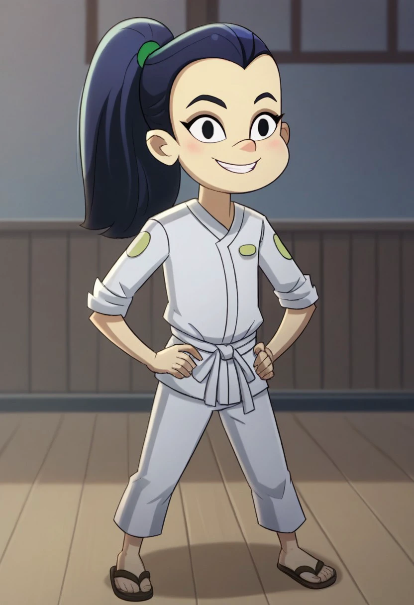 score_8, score_8_up, score_7_up, 1girl, female focus, solo, Lexi_GT, black eyebrows, black eyes, dark blue hair, ponytail, green hair band, pale skin, Karateka outfit, white karate belt, sandals, Blushing, full body, in a karate dojo, smile, standing, hands on hips