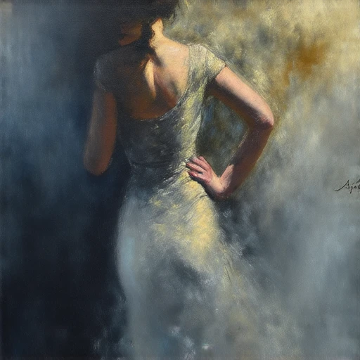 atmospheric painting rendered in a soft, slightly melancholic expression., elegant manner., abstract approach, and her right hand on her hip., almost ethereal scene. The woman, richly textured background., shimmering highlights., expressionist style with loose