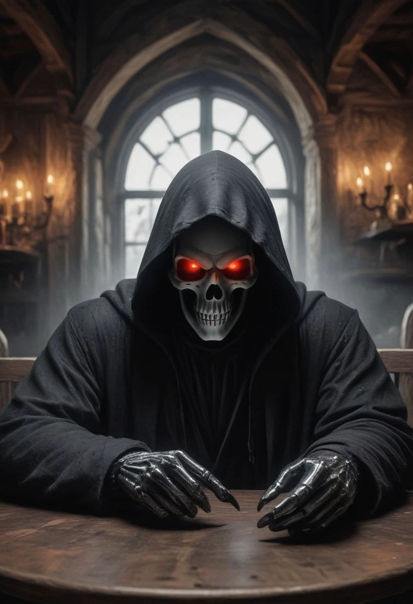 masterpiece, best quality, ultra-detailed, very aesthetic, perfect composition, intricate details, absurdres. 
BREAK,
1boy,  (Grim Reaper:1.5), (red glowing eyes), boney hands, (skull face), 
Break, 
Wearing black hooded robe, old tattered robe, 
Break, 
Sitting at table, 
Break, 
Looking at viewer, (front view:1.3), (head and chest focus), 
Break,
(Old tavern background), 
Break, 
(Fantasy, fairytale, dark moody, gloomy, dark picture, high contrast, stylized.), (painstakingly detailed), (realistic-photo),