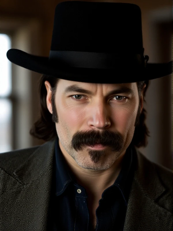 <lora:Doc_Holliday:0.9> doc holliday, facial hair, long hair, hat. closeup face portrait