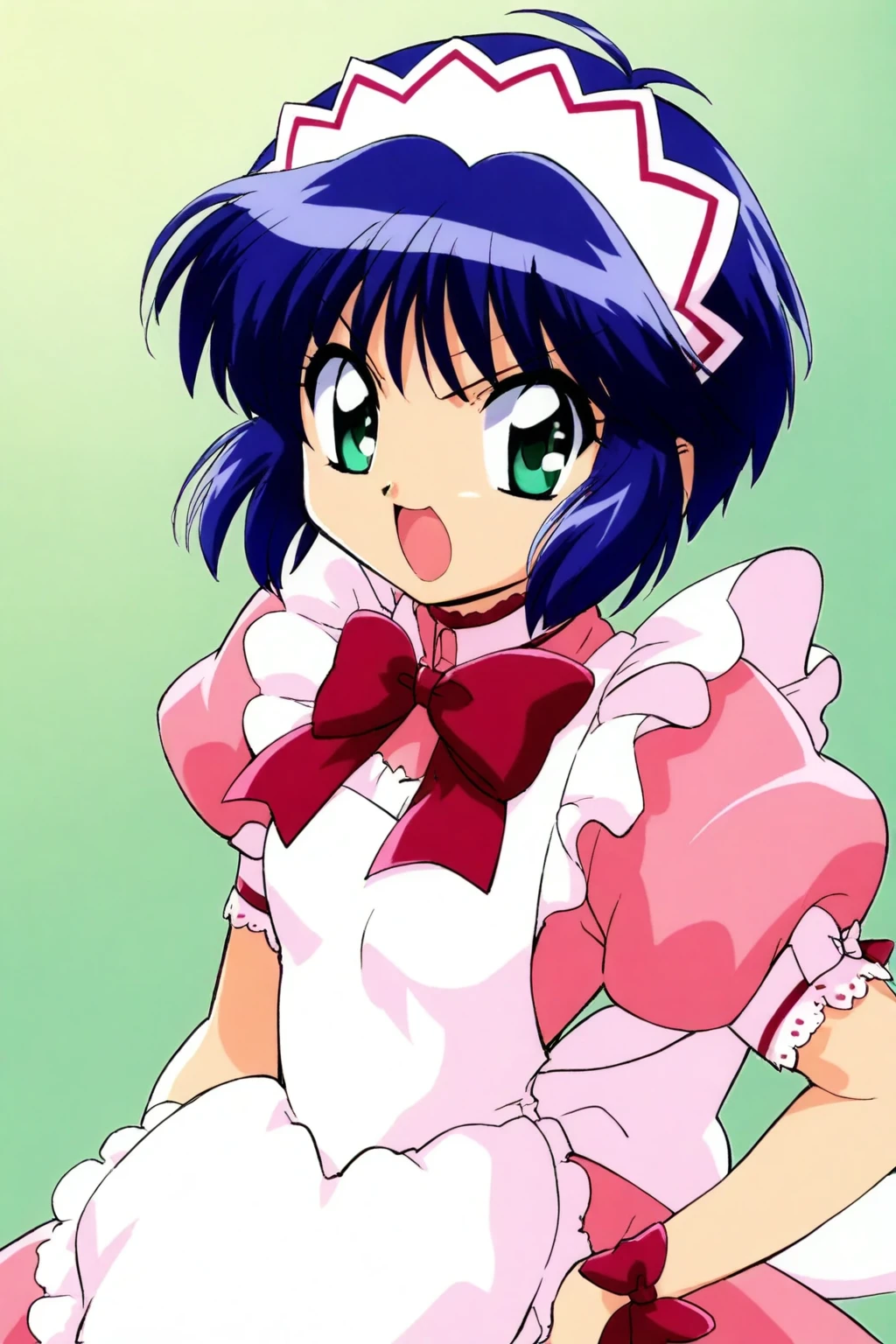 <lora:TokyoMewMew:0.7>, MewMew, 1girl, solo, apron, maid, maid headdress, bow, puffy sleeves, short sleeves, bow, dress, waitress, puffy short sleeves,