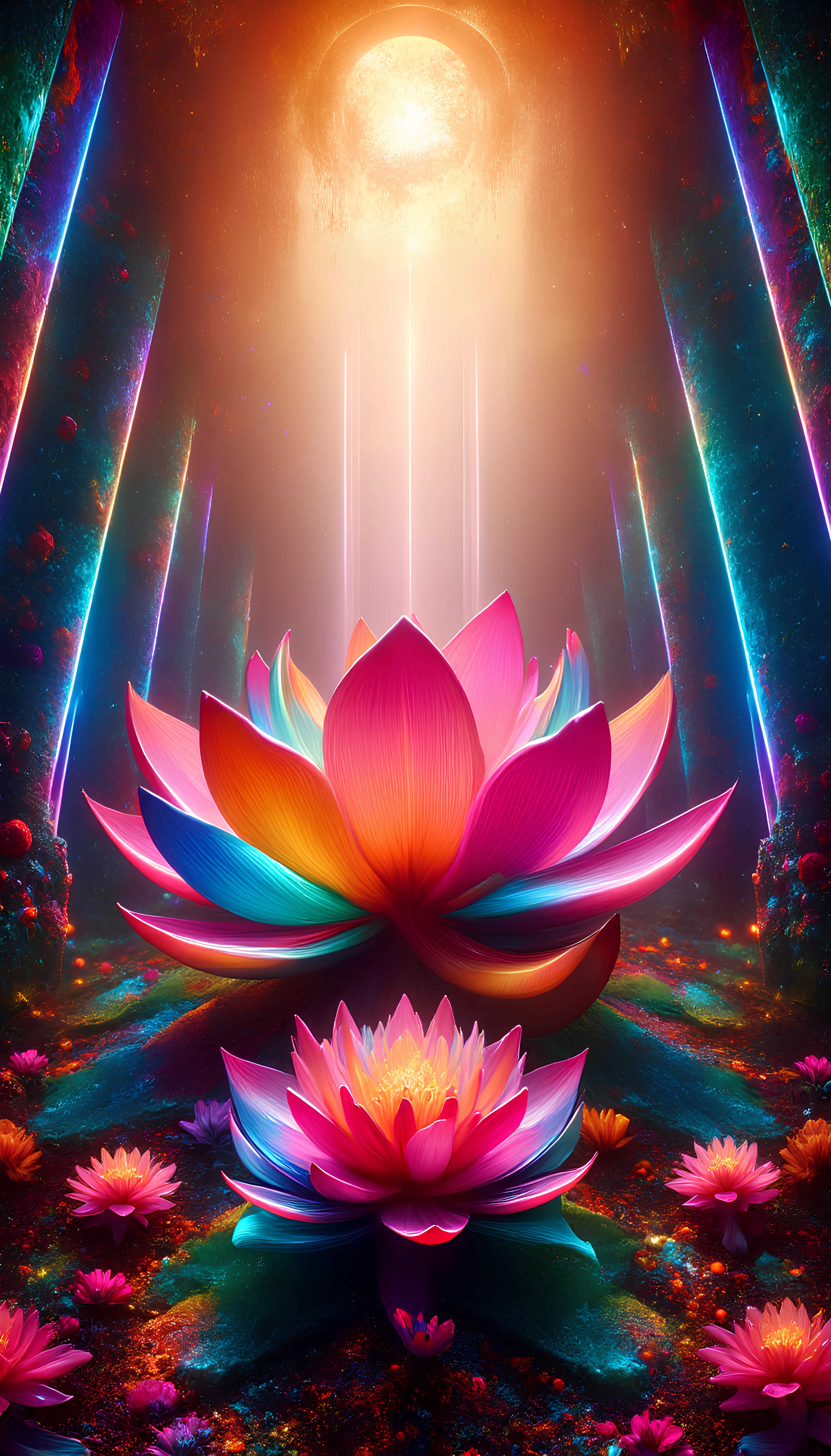 A giant psychedelic lotus blooming in the center of an ancient temple. The petals radiate vibrant colors in rainbow gradients, each petal shimmering with an inner glow. Vines and vines wrapped around pillars glow in neon hues, while beams of ethereal light cascade from a golden, otherworldly sun above. psydreamer