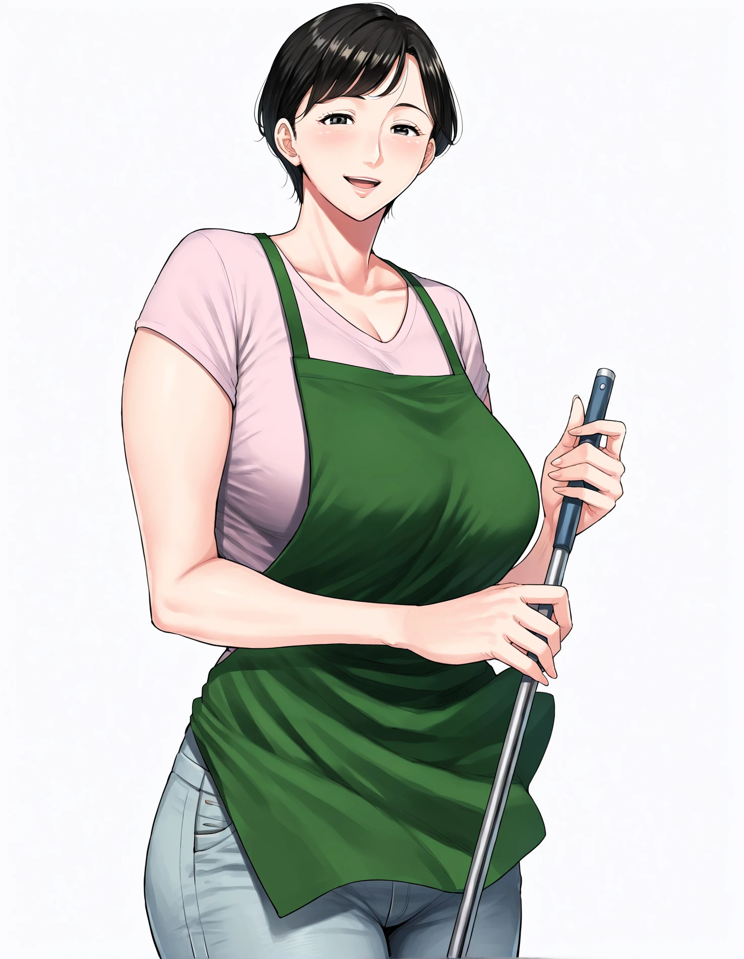 score_9, score_8_up, score_7_up, anime_style, 2D, Kise, 1girl, solo, breasts, looking at viewer, blush, smile, short hair, open mouth, large breasts, simple background, shirt, black hair, white background, pants, black eyes, apron, jeans, mature female, holding broom, holding