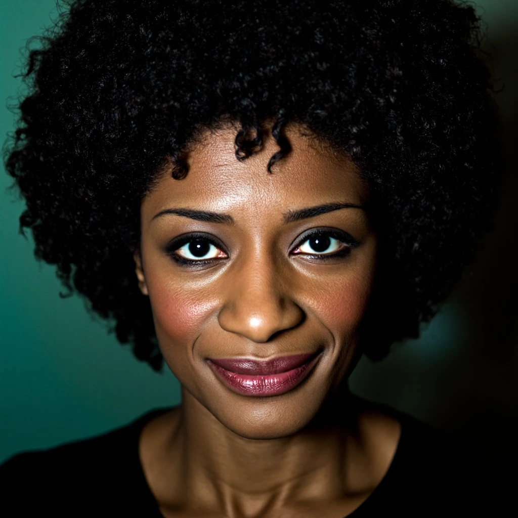 portrait of Sylvana Simons, looking at viewer, seductive smile, black shirt, smile, happy, afro
<lora:Sylvana Simons:1.5>, RAW candid cinema, 16mm, color graded portra 400 film, remarkable color, ultra realistic, textured skin, remarkable detailed pupils, realistic dull skin noise, visible skin detail, skin fuzz, dry skin, shot with cinematic camera, detailed skin texture, (blush:0.5), (goosebumps:0.5), subsurface scatteringâââ