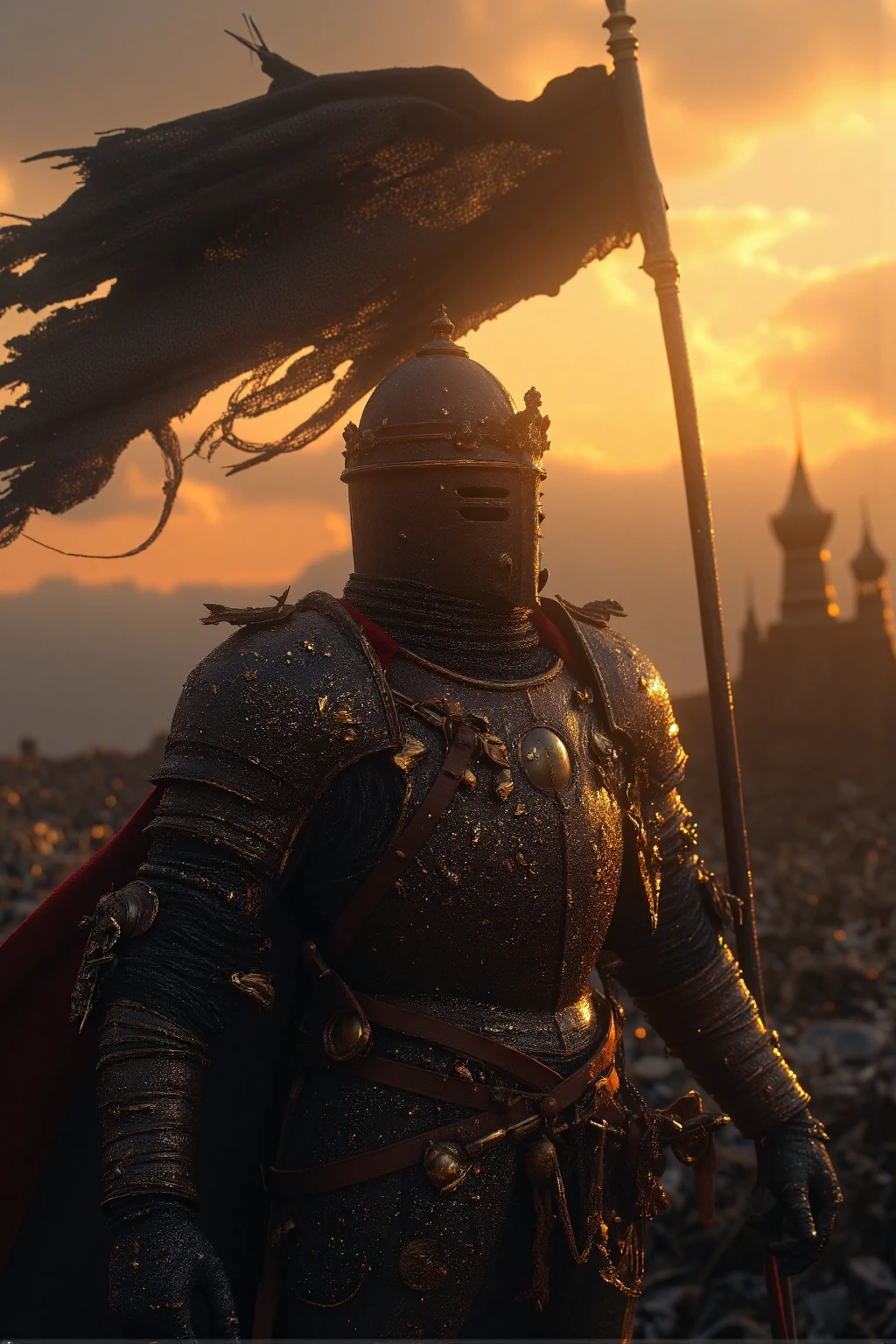 madgod, stop motion, Elegantism, opulent scene, full portrait of a knight in a ripped cape holding a torn flag with a coat of arms valiantly, he is backlit off the sunset, atmospheric, heroic, medieval, middle ages, gold trim, rune armor, castle in distance, head and shoulders portrait, 8k resolution. (masterpiece, top quality, best quality, official art, beautiful and aesthetic:1.2), (1girl:1.4), upper body, portrait, extreme detailed, knight helmet