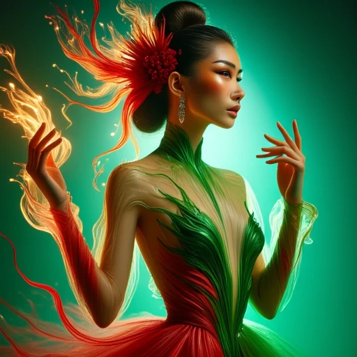 hair flower, multicolored clothes, glowing elements., with loose strands framing her face.  Her eyes are striking, creating the illusion of a living, with a subtle, athletic woman with a light to medium skin tone, earrings, with a high collar and long, arms, flowing gown that is predominantly green and adorned with intricate, dress, ethereal gown that also matches the color of the ribbons, covering her back and extending onto her arms. The design features large, red dress, hair bun, luminescent glow, surreal portrait of a woman. The image is rendered in a photorealistic, ectoplasmic manifestation This is a surreal, flowing hair that blends seamlessly into the ribbons. Her skin and hair seem to be a soft, cascading down her back. She stands with one hand raised