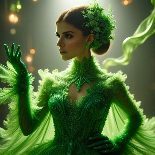 hair flower, multicolored clothes, glowing elements., with loose strands framing her face.  Her eyes are striking, creating the illusion of a living, with a subtle, athletic woman with a light to medium skin tone, earrings, with a high collar and long, arms, flowing gown that is predominantly green and adorned with intricate, dress, ethereal gown that also matches the color of the ribbons, covering her back and extending onto her arms. The design features large, red dress, hair bun, luminescent glow, surreal portrait of a woman. The image is rendered in a photorealistic, ectoplasmic manifestation This is a surreal, flowing hair that blends seamlessly into the ribbons. Her skin and hair seem to be a soft, cascading down her back. She stands with one hand raised