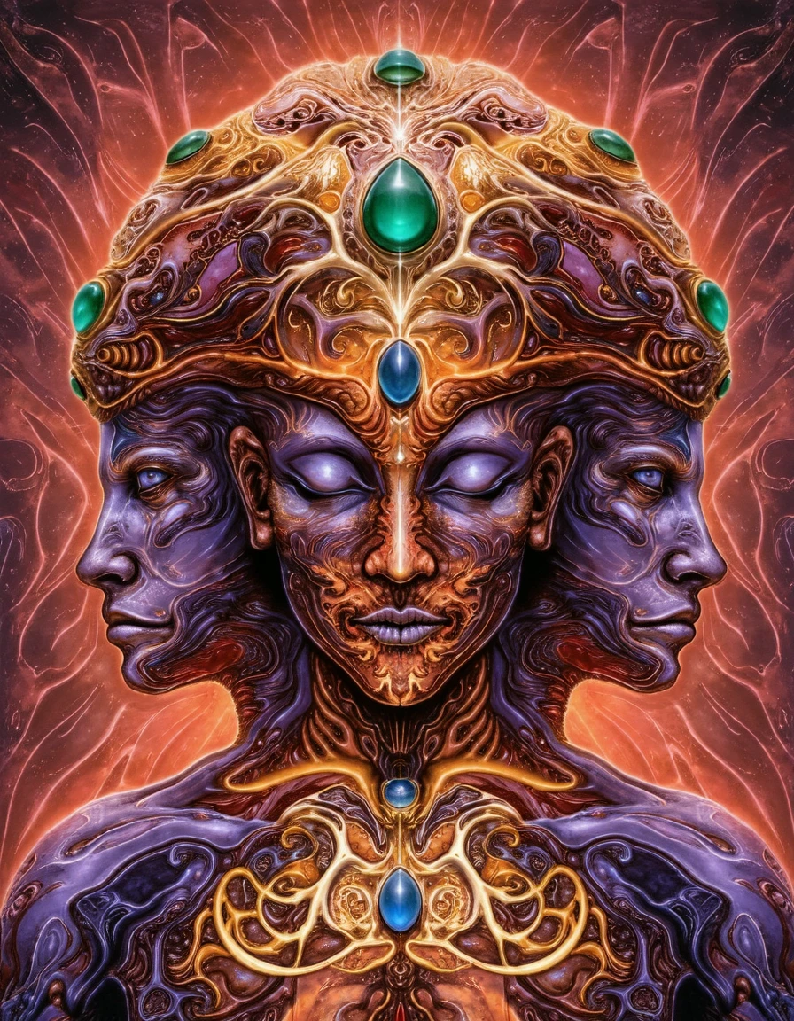 rven, portrait of something that is only in the shape of a man but highly abstract and visionary with intricate glowing patterns and two faces protruding from the sides, emerald colored jewels on head, the background is like the interior of some kind of alien technology, its appearance is organic and surreal indented curved purple and orange red mixed with flowing yellow white rootlike patterns with blue jewels encrusted in the torso